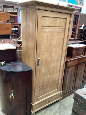 Lot 1242 - Old pine hall cupboard with shelved interior enclosed by panelled door with drawer below, 84.5cm high, 50cm deep, 182cm high