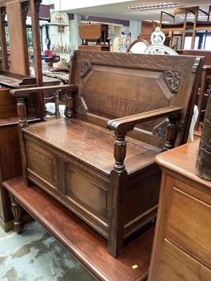 Lot 1246 - Carved oak monks bench 107cm wide, 46cm deep, 96.5cm high