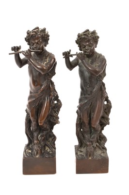 Lot 1077 - Pair of 19th century style bronze figures of fawns playing pipes