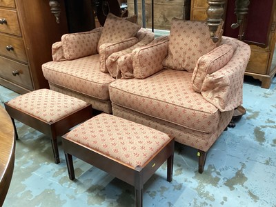 Lot 1251 - Pair of good quality tub chairs with peach upholstery on square taper front legs together with a pair of matching footstools