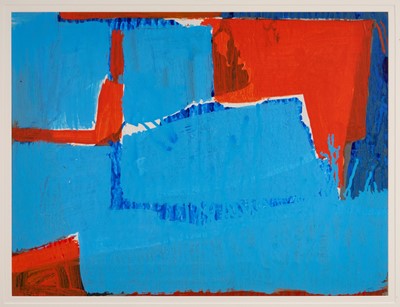 Lot 1330 - *Frank Beanland (1932-2019) oil on paper - Blue and Red Abstract, initialled, 54cm x 72cm, in glazed frame