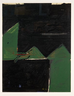 Lot 1331 - *Frank Beanland (1932-2019) oil on paper - Black and Green Abstract, initialled, 72cm x 55cm, in glazed frame