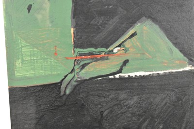 Lot 1331 - *Frank Beanland (1932-2019) oil on paper - Black and Green Abstract, initialled, 72cm x 55cm, in glazed frame