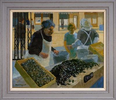 Lot 1328 - Stuart Ray (1916-1985) oil on canvas - Billingsgate Fish Market, signed and dated ‘65, another picture verso, 49cm x 59cm, framed