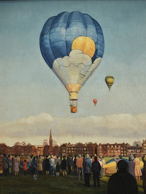 Lot 1329 - John Rowbottom (20th century) oil on board, a pair - Hot Air Balloons, both signed, 45cm x 35cm, framed