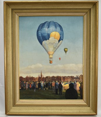 Lot 1329 - John Rowbottom (20th century) oil on board, a pair - Hot Air Balloons, both signed, 45cm x 35cm, framed