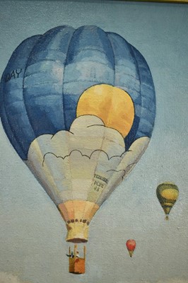 Lot 1329 - John Rowbottom (20th century) oil on board, a pair - Hot Air Balloons, both signed, 45cm x 35cm, framed