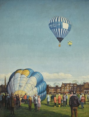 Lot 1329 - John Rowbottom (20th century) oil on board, a pair - Hot Air Balloons, both signed, 45cm x 35cm, framed