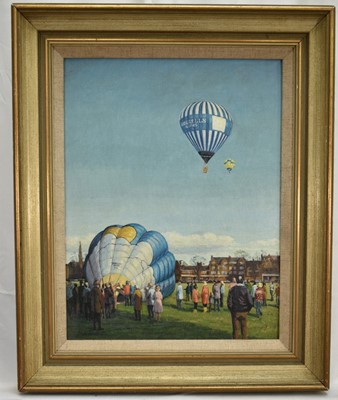 Lot 1329 - John Rowbottom (20th century) oil on board, a pair - Hot Air Balloons, both signed, 45cm x 35cm, framed