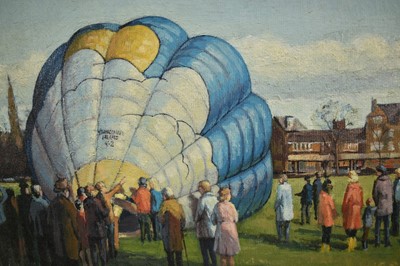 Lot 1329 - John Rowbottom (20th century) oil on board, a pair - Hot Air Balloons, both signed, 45cm x 35cm, framed