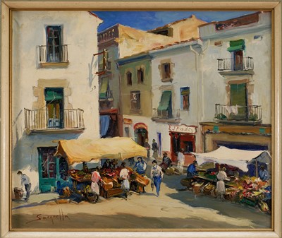 Lot 1304 - *Josep Sarquella (1928-2000) oil on canvas - Spanish Street Scene, signed, 45cm x 54cm, framed