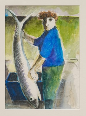 Lot 1327 - *Tessa Newcomb (b. 1955) watercolour - The Catch, initialled, 23cm x 16cm, in glazed frame