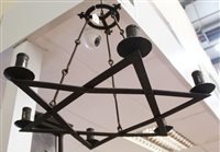 Lot 1704 - Antique wrought iron six-light chandelier of...