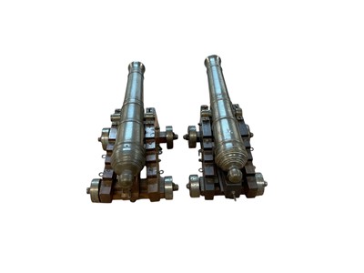 Lot 919 - Pair of good quality scratch built cannons with moving parts, each 25cm in overall length.