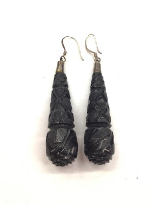 Lot 1086 - Pair of Victorian carved jet pendant earrings