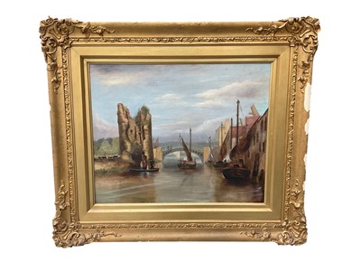 Lot 690 - 19th century Norwich School oil on canvas painting of the old Carrow bridge, inscribed and indistinctly signed verso, in gilt frae