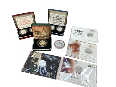 Lot 415 - G.B. - Royal Mint mixed silver coins to include £2 'Buckingham Palace' 1oz fine silver 2019, Twenty Pound fine silver coins x 4 (N.B. Each weighs 15.71gms), silver proof two coin sets Ten Pence...