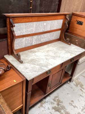 Lot 1268 - Edwardian walnut washstand with marble top and tiled splash back, 116cm wide, 51cm deep, 123cm high