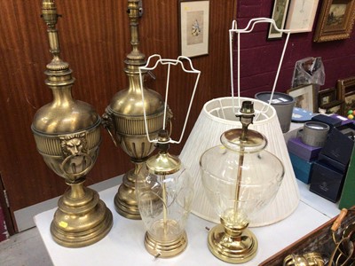 Lot 327 - Pair of metal urn style table lamps, two other glass table lamps, two shades, canteens of cutlery etc