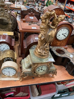 Lot 458 - Group of five various mantel clocks to include green onyx figural clock and others (5).