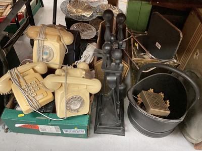 Lot 467 - Group of sundry items to include various telephones, fire companion set, brass magazine rack and waste paper basket together with a suitcase of ephemera.