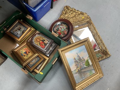 Lot 468 - Group of religious icons in frames together with a wall mirror.