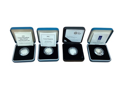 Lot 443 - G.B. - Royal Mint mixed silver proof £1 coins to include 1993, 2000, 2001, 2008, Royal Shield of Arms 2009, The Royal Arms 2015 & The Last Round Pound 2016 (N.B. All cased with Certificates...