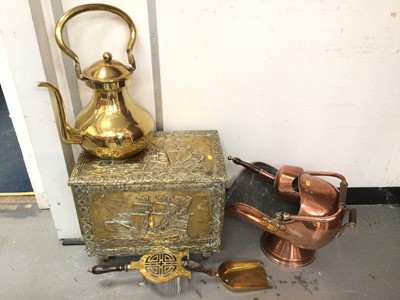 Lot 336 - Copper coal scuttle, brass coal/log box with embossed ship decoration, large brass kettle, scoop and trivet