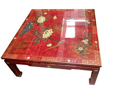 Lot 1290 - Oriental red lacquered square coffee table with bird and floral decoration, 91.5cm x 41.5cm high