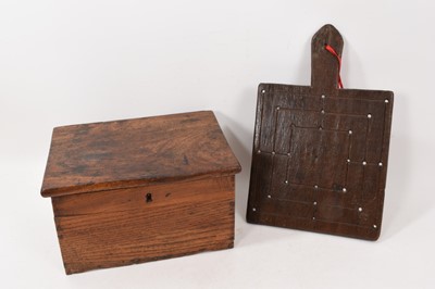 Lot 1032 - 18th century Welsh oak treen Nine Men's Morris board, together with an 18th century elm candle box