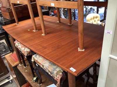 Lot 1293 - Mid century teak extending dining table, 150cm x 85cm, together with a pair of Danish teak elbow chairs (3)