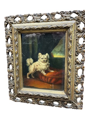 Lot 629 - Victorian style oil on board, portrait of a dog, indistinctly signed, 17 x 12cm in pierced gilt frame