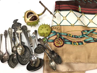 Lot 665 - Penkridge Ceramics conker, Hermes-style scarf, and a group of souvenir spoons