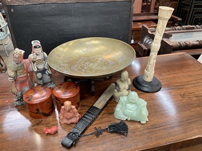 Lot 226 - Group of Chinese works of art including figures, soapstone and other carvings, brass dish, fan and other items