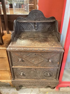 Lot 1310 - Victorian heavily carved oak chest of two drawers with raised ledge back, 65cm wide, 53cm deep, 113.5cm high