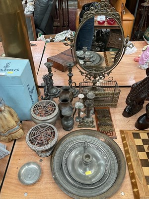 Lot 493 - Group of mixed metalwares to include silver plated items, brass mirror and pewter candlesticks.