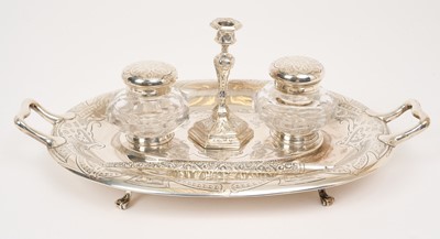 Lot 425 - Victorian silver inkstand with taperstick and dip pen.