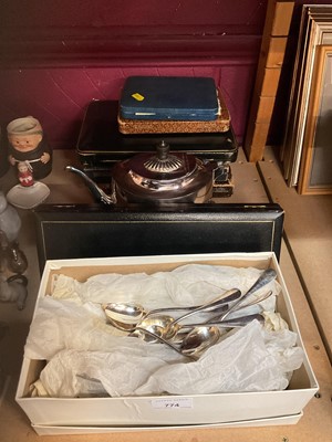 Lot 774 - Group of silver plated cutlery, cased cutlery sets and a silver teapot.