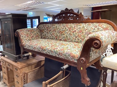 Lot 1321 - Victorian mahogany framed sofa with carved cresting and floral upholstery, 188cm wide