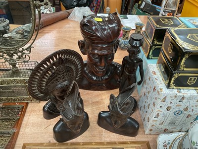 Lot 494 - Carved wood bust of a man and other carved wood figures (5).