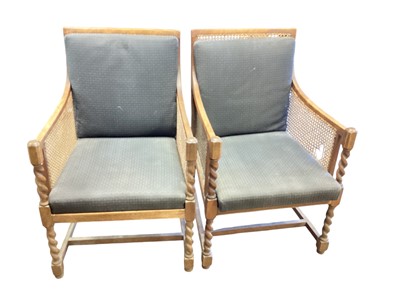 Lot 1322 - Pair of early 20th century oak bergere chairs with spiral twist supports