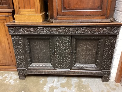 Lot 1330 - Antique carved oak sideboard with three frieze drawers and two doors below, 146cm wide, 62cm deep, 95cm high