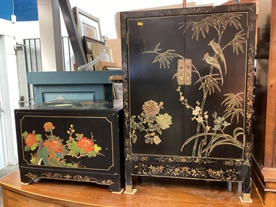 Lot 1336 - Oriental lacquered cabinet with bird and floral decoration, 61cm wide, 31cm deep, 92cm high, together with another, 61cm wide, 45.5cm deep, 44cm high (2)