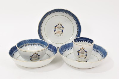 Lot 370 - 18th century Chinese export porcelain tea bowl, coffee can and three saucers, bearing the arms of The Jameson family of Glasgow,. N.B. Plate V17 of Sanctuary Howard (5).