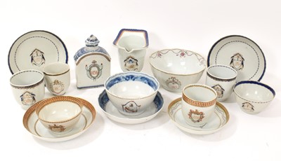 Lot 369 - Collection 18th century Chinese export armorial porcelain, including tea bowls, tea cannister, saucers and coffee cans (15 pieces).