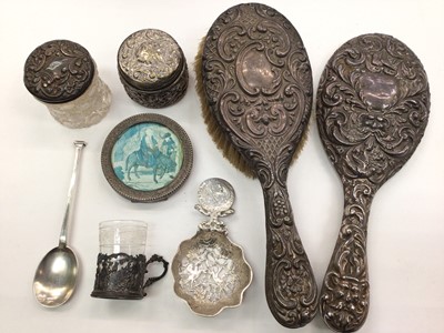 Lot 1049 - Dutch silver sifter spoon, silver mounted dressing table brush and mirror, silver seal end spoon, other silver and white metal items