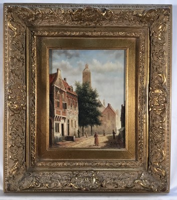 Lot 63 - Pair of oil on panel paintings of street scenes, in the 17th century Dutch style, signed W. Sita, both 26cm x 21cm, in ornate gilt frames