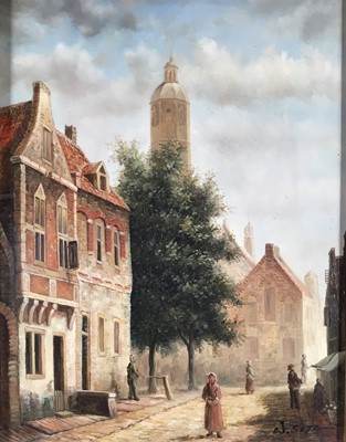 Lot 63 - Pair of oil on panel paintings of street scenes, in the 17th century Dutch style, signed W. Sita, both 26cm x 21cm, in ornate gilt frames