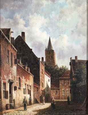 Lot 63 - Pair of oil on panel paintings of street scenes, in the 17th century Dutch style, signed W. Sita, both 26cm x 21cm, in ornate gilt frames