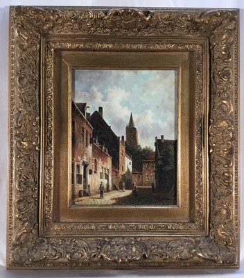 Lot 63 - Pair of oil on panel paintings of street scenes, in the 17th century Dutch style, signed W. Sita, both 26cm x 21cm, in ornate gilt frames